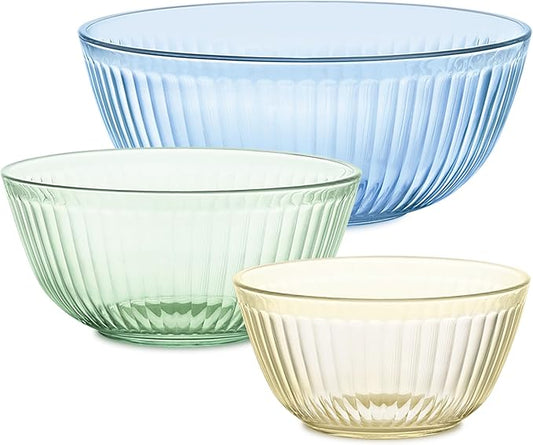 Pyrex Colors Tinted 3-PC, Unlidded Small/Medium/Large Glass Mixing Bowls, Nesting Space Saving Set of Bowls For Prepping and Baking, 1.3QT, 2.3QT & 4.5QT by Pyrex