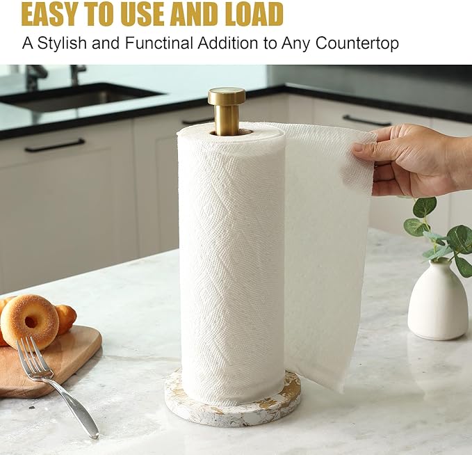 Koville Paper Towel Holder Countertop, Standing Paper Roll Holder with 6" Weighted Marble Base, Stone Paper Towel Holder with Gold Stainless Steel Rod for Kitchen Bathroom((Arabescato Doro)