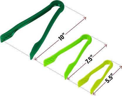 DecorRack 3 Pcs 6” x 8” x 10” Multi Colored Plastic Tong Set, 3 Pack Durable BPA-Free Quality Heavy Duty Designed for BBQ, Grilling, Salad, Buffets and Kitchen (Green)