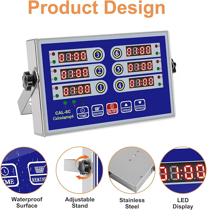 Kitchen Timers for Cooking – 6 Channel Commercial Kitchen Timer Restaurant Kitchen Supplies – Stainless Steel LED Technology Kitchen Timer Digital – Reminder Function, Loud Alarm, Blue - Image 6
