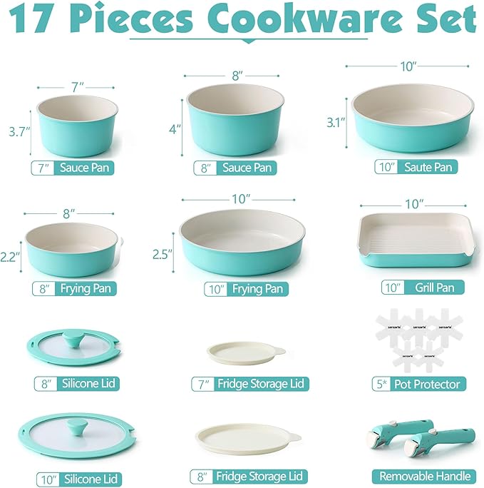 SENSARTE 17 Piece Ceramic Pots and Pans Set, Nonstick Detachable Handle Cookware, Induction Kitchen Cookware Set with Removable Handle, Dishwasher ＆ Oven Safe (Turquoise) - Image 2