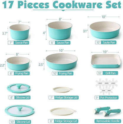 SENSARTE 17 Piece Ceramic Pots and Pans Set, Nonstick Detachable Handle Cookware, Induction Kitchen Cookware Set with Removable Handle, Dishwasher ＆ Oven Safe (Turquoise) - Image 2