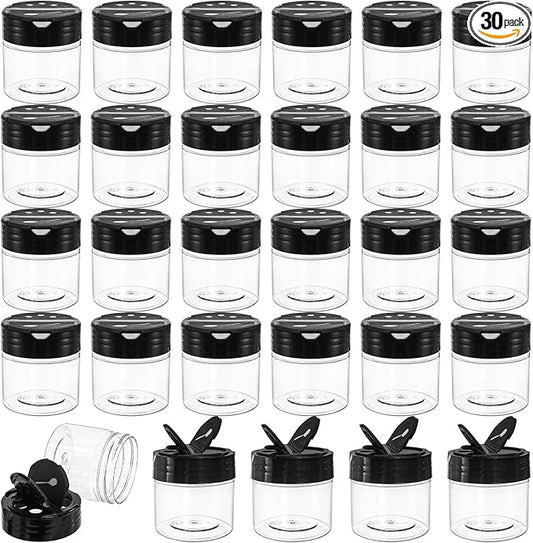 Foraineam 30 Pack Clear Plastic Jars 4 oz Mini Seasoning Bottles Spice Jars with Black Flip Cap to Pour Or Shaker, Round Food Safe Storage Containers with Lids for Spice Powders Cosmetics Crafts