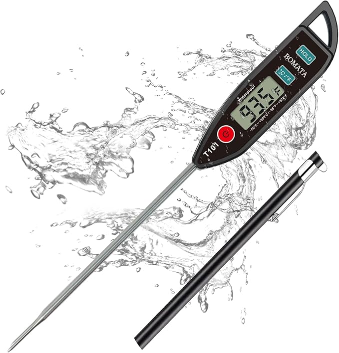 BOMATA Digital Water Thermometer for Water, Liquid, Candle and Cooking. Instant Read Food Thermometer Waterproof IPX7 with Long Probe for Cooking, Meat, BBQ! T101 (Black Color)… by BOMATA