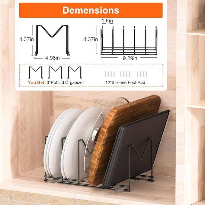 HzTinT 3 Pack Pot Lid Organizer for Cabinet, Stainless Steel Pot Lid Rack with Anti-slip Pad, Lid Holder for Pans Pots, Bakeware, Plates, Cookie Sheets, Trays, Dish, Cutting Boards, Classic Black - Image 5