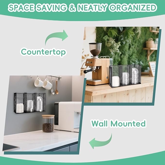 Wall Mount Coffee Cup Lid Holder Organizer 3 Compartments Coffee Cup Lid Dispenser Black Metal Mesh Disposable Cup and Lid Storage for 8-24 Oz Capacity Cup Lid Kitchen Restaurant Coffee Bar Office - Image 6