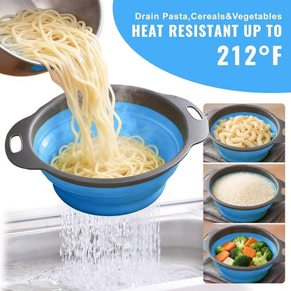 2 Pack Collapsible Silicone Colander with Handle, Over Sink Foldable Food Strainer, BPA-Free Space Saving Drain Basket for Vegetables, Fruits, Pasta, Kitchen & Camping (Blue) - Image 4