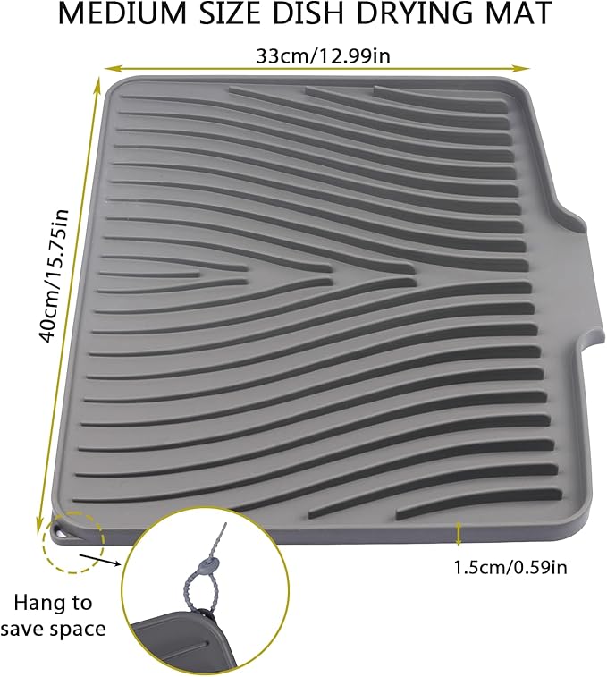 Silicone Drying Mat, 16"X13" With Built-in Drain Lip,Heat-Resistant,Eco-friendly,Hygienic Drying Pad,Leak-Proof and Non-Slip,Silicone Dish Drying Mat for Kitchen Counter or Sink（Gray 16X13） - Image 3