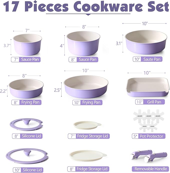 SENSARTE 17 Piece Ceramic Pots and Pans Set, Nonstick Detachable Handle Cookware, Induction Kitchen Cookware Set with Removable Handle, Dishwasher ＆ Oven Safe (Purple) - Image 2