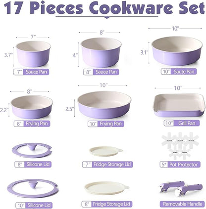 SENSARTE 17 Piece Ceramic Pots and Pans Set, Nonstick Detachable Handle Cookware, Induction Kitchen Cookware Set with Removable Handle, Dishwasher ＆ Oven Safe (Purple) - Image 2