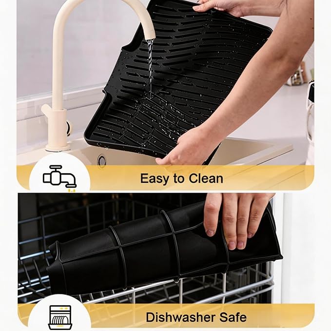 Silicone Dish Drying Mat for Kitchen Counter Sink,16"x13" Black Rubber Dish Drying Mat with Drain Lip & Lanyard,Non-Slip dish drying Pad,silicone drying mat dish drain mat - Image 5