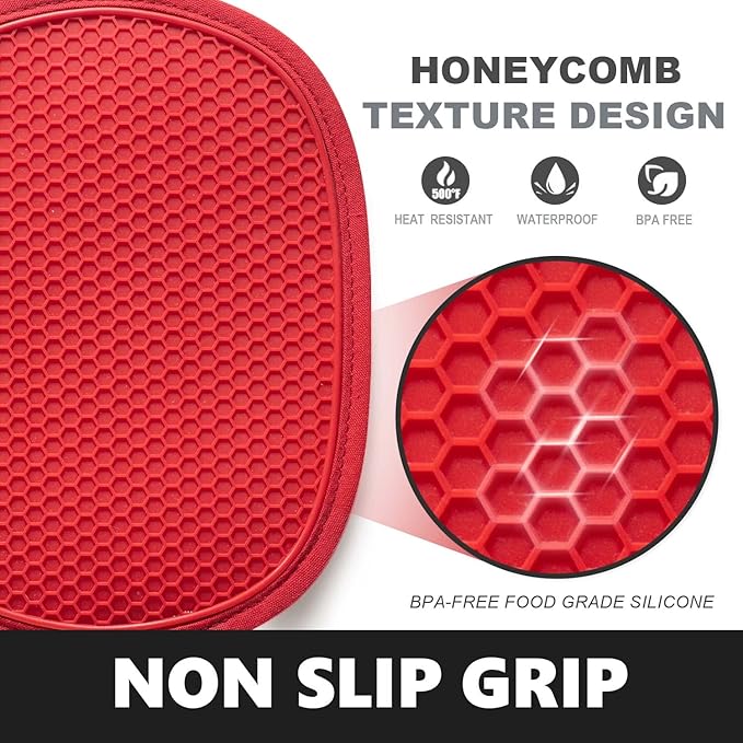 2-Pack Silicone Pot Holders for Kitchen Heat Resistant up to 500°F, Non-Slip Large Hot Pads with Pocket, Quilted Liner Trivets for Countertops Hot Pots and Pans (Red) - Image 3