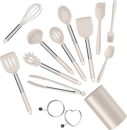 E-far Silicone Cooking Utensils Set, 14-Piece Khaki Kitchen Utensils Set with Holder, Kitchen Tools Spatulas with Stainless Steel Handle for Non-stick Cookware, Heat Resistant & Dishwasher safe by E-far