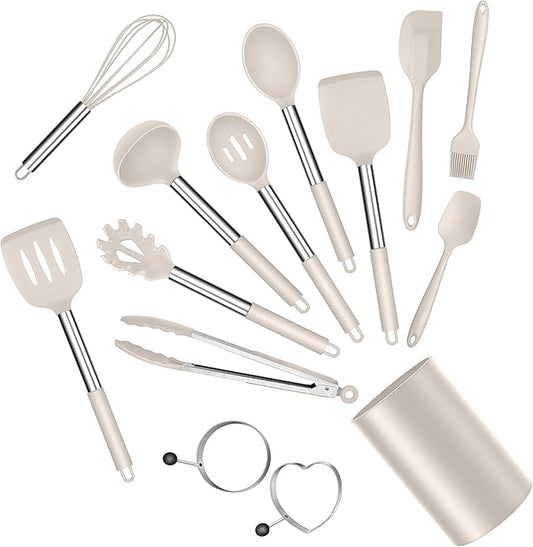 E-far Silicone Cooking Utensils Set, 14-Piece Khaki Kitchen Utensils Set with Holder, Kitchen Tools Spatulas with Stainless Steel Handle for Non-stick Cookware, Heat Resistant & Dishwasher safe by E-far