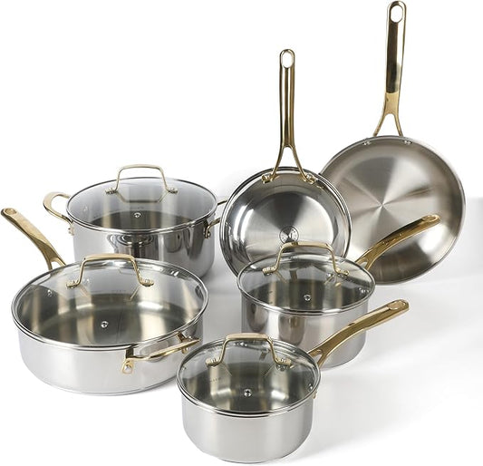 Martha Stewart Castelle 10 Piece 18/8 Durable Stainless Steel Induction Safe Pots and Pans Non-Toxic Kitchen Cookware Set - Gold Handles - Dishwasher Safe by MarthaStewart