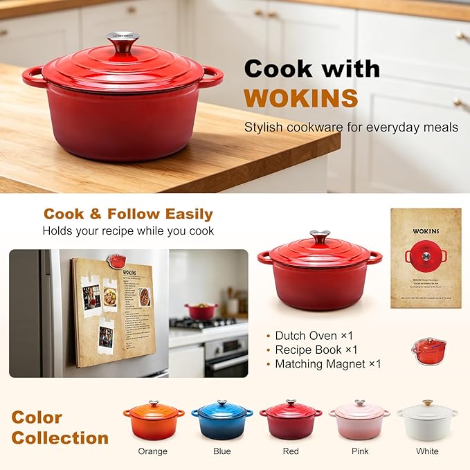 Enameled Cast Iron Dutch Oven - 5.5QT Pot with Lid,Oven Safe to 500°F,Heavy-Duty Cookware for Sourdough Bread Baking,Braising,Stews,Roasting Red - Image 2