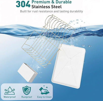 Buruis Dish Drying Rack for Kitchen Countertop, Large Capacity Gold Stainless Steel Dish Drainer with Anti-Slip Rubber Feet, Removable Drain Board and Utensil Holder (White Tray) - Image 7