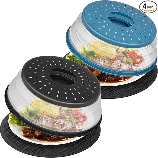 4 in 1,WENWELL 2 Microwave Splatter Cover & 2 Mat,Cooking Splash Guard with Handle,Kitchen dish bowl Plate Proof Food lid & Silicone Round mat,Home Apartment Essential by WENWELLHOME