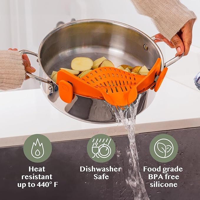 Kitchen Gizmo Snap N Strain Clip On Strainer for Pots and Pans - Adjustable Silicone Colander for Kitchen - Compact Clip-On Food Strainer for Draining Pasta and Vegetables - Orange - Image 5