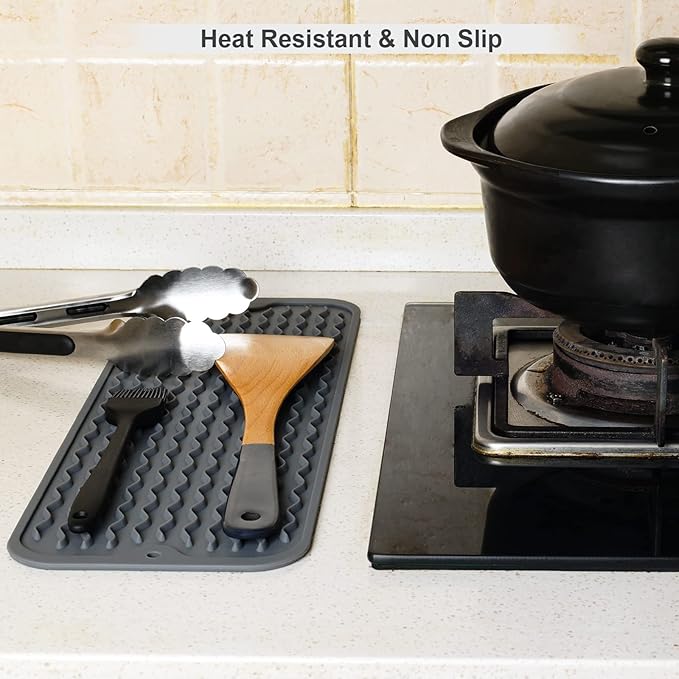 ZLR 2 Pcs Silicone Sponge Holder & Sink Caddy Tray (6" x 17") - Narrow Dish Drying Mat for Kitchen Counter - Waterproof Soap Dispenser Organizer, Non-Slip Bathroom Vanity Tray (Dark Gray) - Image 5