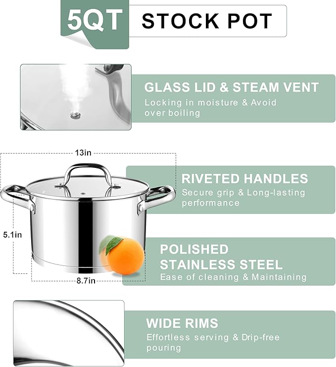 E-far Stainless Steel Stockpot, 5 Quart Pot with Glass Lid for Soup Pasta, Induction Nontoxic Cooking Pot for All Stoves, Thick Tri-Ply Bottom & Double Riveted Handle, Oven & Dishwasher Safe - Image 4