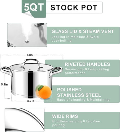 E-far Stainless Steel Stockpot, 5 Quart Pot with Glass Lid for Soup Pasta, Induction Nontoxic Cooking Pot for All Stoves, Thick Tri-Ply Bottom & Double Riveted Handle, Oven & Dishwasher Safe - Image 4