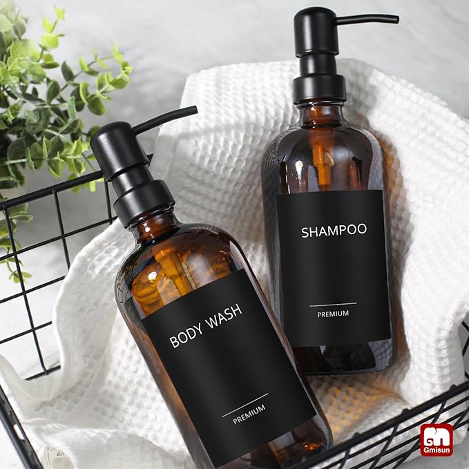 GMISUN Amber Glass Soap Dispenser, 2 Pack Bathroom Hand Soap Dispensers with Stainless Steel Pump, 17 Fl Oz Kitchen Hand and Dish Soap Dispenser Set, Modern Vintage Liquid Brown Soap Dispensers Bottle - Image 7