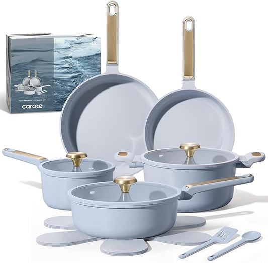 CAROTE Ceramic Cookware Set Nonstick, 14pcs Pots and Pans Set Nonstick, Non-Toxic & PFAS-Free, Dishwasher, RV/Camping Cookware Set, Cooking Pots with Lids, Pastel Blue by CAROTE