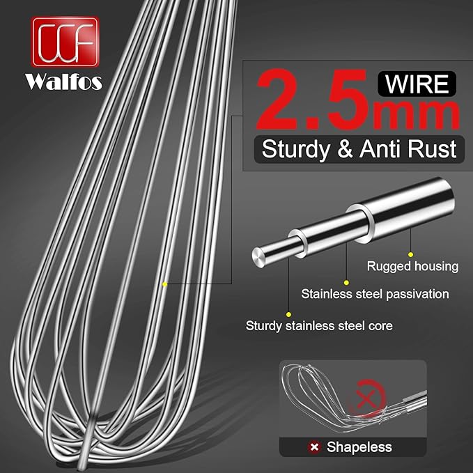 Walfos Whisks Large Whisk Set of 2, Heavy Duty Stainless Steel Wire Whisk Ideal For Beating Eggs, Mixing Batter & Blending Sauces.（13in+17in) - Image 3