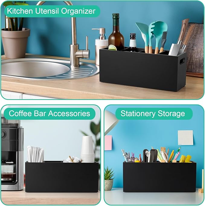 ALELION Large Utensil Holder with Removable Divider - 4 Compartment Wooden Utensil Caddy Organizer for Kitchen Counter - Black Cooking Utensil Crock for Countertop - Image 6