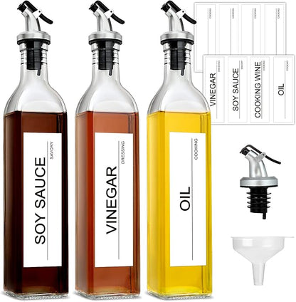 GMISUN Olive Oil Dispenser And Vinegar Bottle 3 Pack 17oz, For Kitchen, Glass Cooking Oil Container Cruet with Pourer Spout, Funnel And Labels, Clear by GMISUN