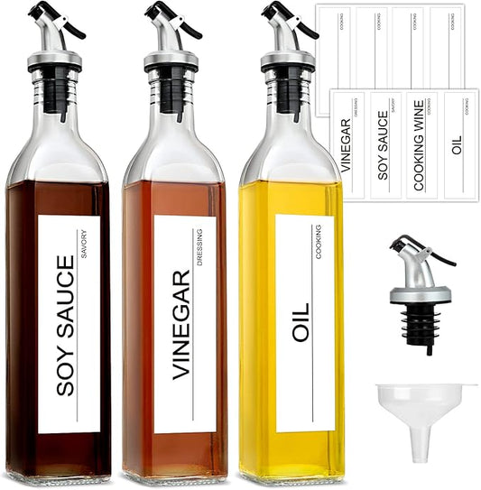 GMISUN Olive Oil Dispenser And Vinegar Bottle 3 Pack 17oz, For Kitchen, Glass Cooking Oil Container Cruet with Pourer Spout, Funnel And Labels, Clear by GMISUN