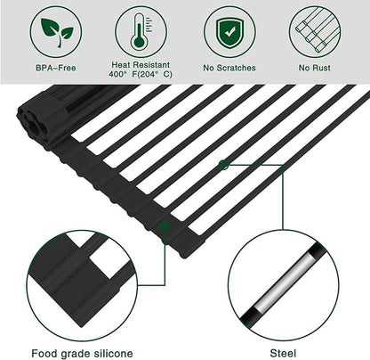 HANZENMA Roll Up Dish Drying Rack Over The Sink Kitchen Roll Up Sink Drying Rack Multipurpose Foldable Sink Drying Mat, Heat-Resistant, Anti-Slip & Anti-Rust Dish Rack for Kitchen, 20.5" x 13", Black - Image 5