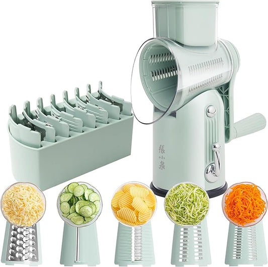 Rotary Cheese Grater Manual Hand Crank with 5 Blades & Suction Base, Kitchen Vegetable Shredder Slicer for Veggie, Nuts, Fruit, Green