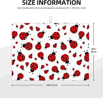 Red Ladybug Dish Drying Mat Cute Small Dots Fun Animal Themed Drying Rack Pad Countertop Dishes Ultra Absorbent Microfiber Kitchen Counter Mat 18x24 Inch