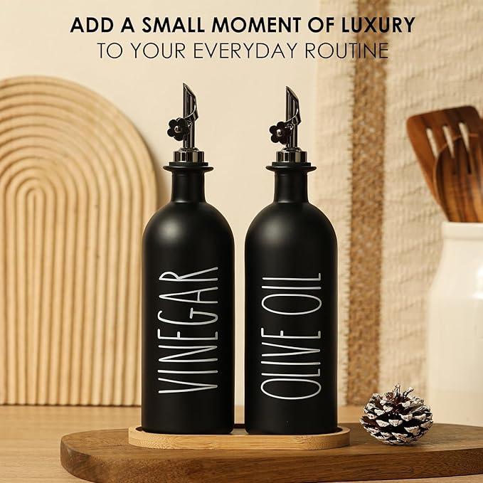 HOMCDALY 16oz Olive Oil Dispenser Bottles for Kitchen, Glass Black Oil&Vinegar Dispenser Set, Kitchen Olive Oil Bottles with Bamboo Tray| Set of 2 (16oz-P-Black) - Image 7