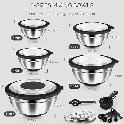 HaWare Mixing Bowls, 24-Piece Stainless Steel Salad Serving Bowl with Airtight Clear Lids, Metal Nesting Bowl For Kitchen Cooking Prepping Storing with 3 Graters, 4.6/2.6/1.5/1/0.7 QT, Black