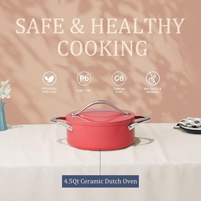 CookinCraze Dutch Oven Pot with Lid 4.5QT Stock Pot (9.5"x 4") Nonstick Ceramic Coated Soup Pot Non-Toxic PFAS-Free for Braising, Baking Bread & Stewing, Compatible for All Cooktops(Induction/Gas/Electric) Oven Safe to 500°F, Fusion Red