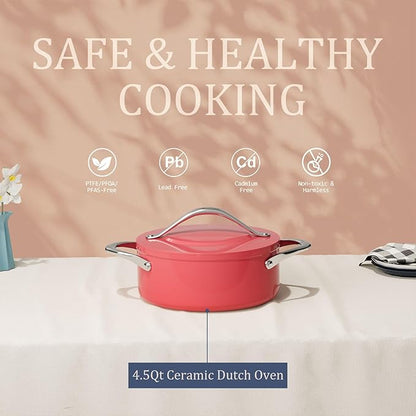 CookinCraze Dutch Oven Pot with Lid 4.5QT Stock Pot (9.5"x 4") Nonstick Ceramic Coated Soup Pot Non-Toxic PFAS-Free for Braising, Baking Bread & Stewing, Compatible for All Cooktops(Induction/Gas/Electric) Oven Safe to 500°F, Fusion Red