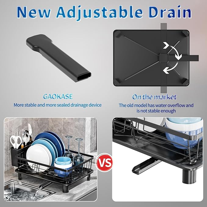 GAOKASE Dish Drying Rack, Stainless Steel-Dish Rack, Dish Racks for Kitchen Counter, Kitchen Dish Drainers with Removable Utensil Holder,New Drain Outlet,Plate Rack and Drainboard,Black - Image 7