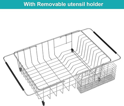 iPEGTOP Expandable Dish Drying Rack Over Sink, Rustproof Stainless Steel Basket Shelf, Multifunctional Dish Drainer Organizer with Utensil Cutlery Holder