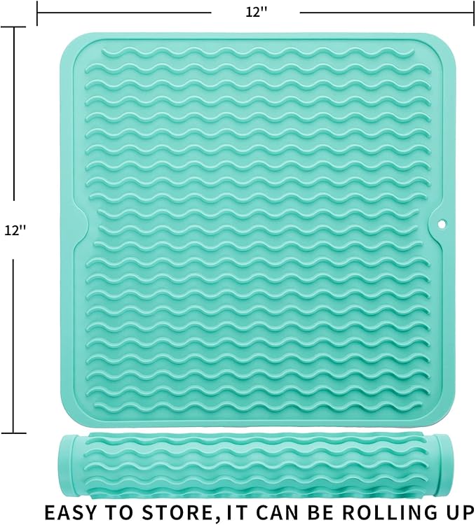 MicoYang Silicone Dish Drying Mat for Multiple Usage,Easy clean,Eco-friendly,Heat-resistant Silicone Mat for Kitchen Counter or Sink,Refrigerator or Drawer liner Mint M 12 inches x 12 inches - Image 2