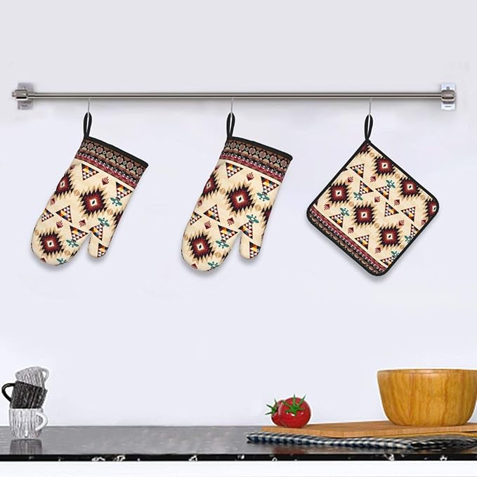 Southwestern Aztec Oven Mitts and Pot Holders Set of 3, Heat Resistant Non-Slip Navajo Pattern Oven Gloves with Hot Pad, Native American Boho Kitchen Decor Gloves for Chef Cooking Baking Grilling BBQ - Image 2