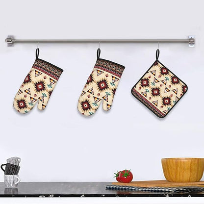 Southwestern Aztec Oven Mitts and Pot Holders Set of 3, Heat Resistant Non-Slip Navajo Pattern Oven Gloves with Hot Pad, Native American Boho Kitchen Decor Gloves for Chef Cooking Baking Grilling BBQ - Image 2