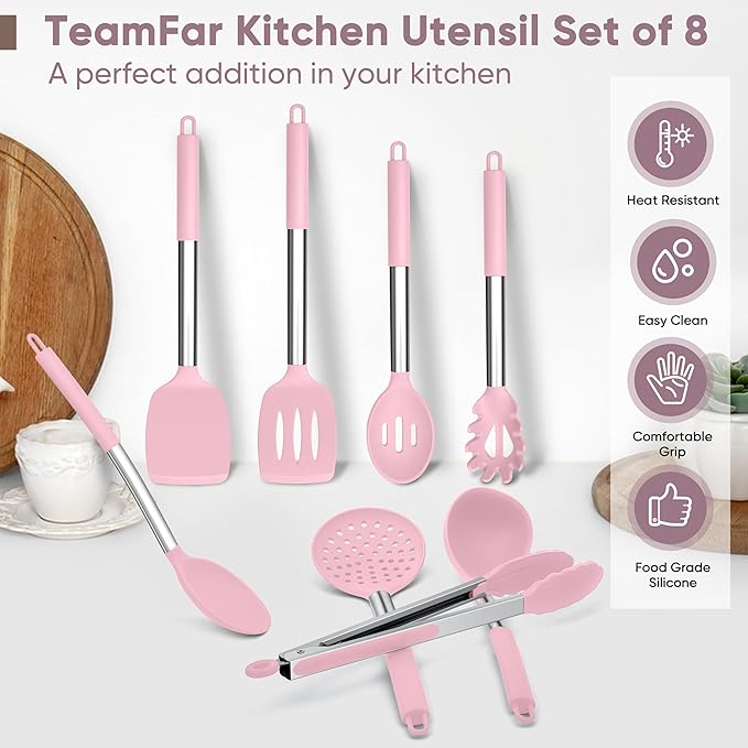 TeamFar Kitchen Utensils Set of 8, Silicone Utensils Kitchen Tools Set with Stainless Steel Handle, for Frying Serving Flipping Draining, Non-toxic & Heatproof, Nonstick & Dishwasher Safe - Pink - Image 7