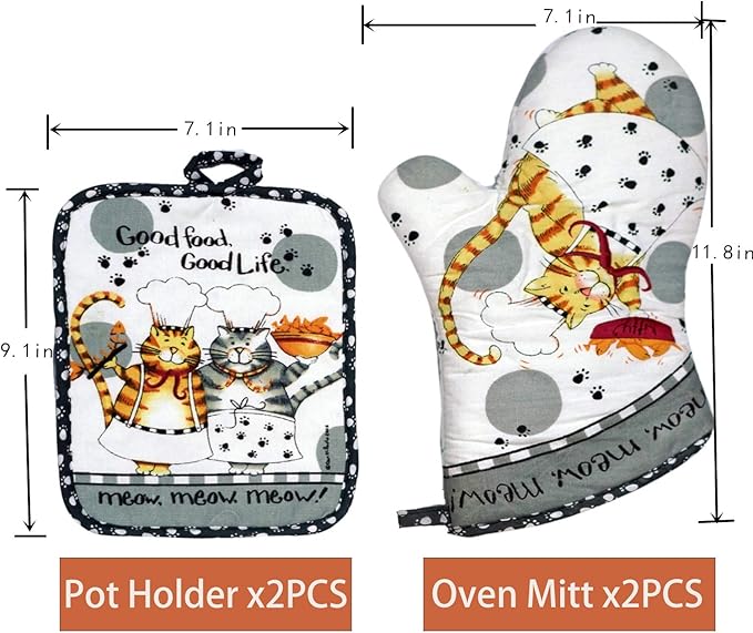 Oven Mitts and Pot Holders Sets, Funny Kitchen Oven Mitts Heat Resistant of 500 Degrees, Pure Cotton Hot Pads and Oven Mitts Sets for Baking,Cooking,BBQ Grilling-White Cat(4Pcs Set)