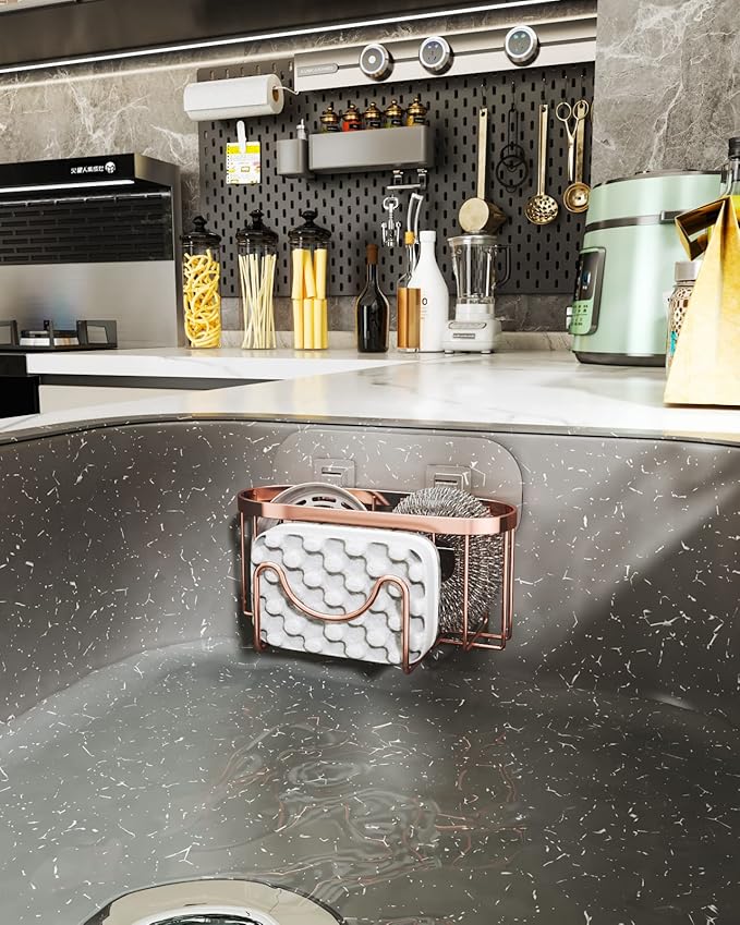 HapiRm Multifunctional Sink Sponge Holder with Unique M-Shaped, 2 Installation Ways Kitchen Sink Caddy, Stainless Steel Kitchen Organizer for Sponge, Brush and Scraper - Rose Gold - Image 6