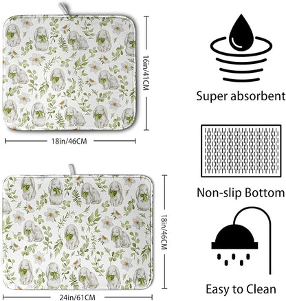Easter Bunny Floral Drying Mat for Kitchen Counter Spring Easter Rabbits Green Leaves Dry Dish Mat Absorbent Microfiber Dish Draining Washable Dish Drainer Rack Mat 16x18 Inch - Image 2