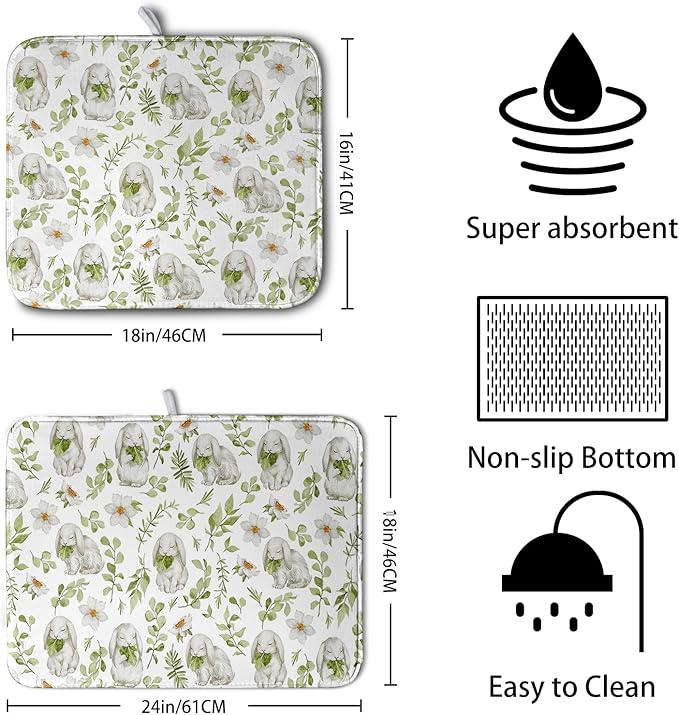 Easter Bunny Floral Drying Mat for Kitchen Counter Spring Easter Rabbits Green Leaves Dry Dish Mat Absorbent Microfiber Dish Draining Washable Dish Drainer Rack Mat Large 18x24 Inch - Image 2
