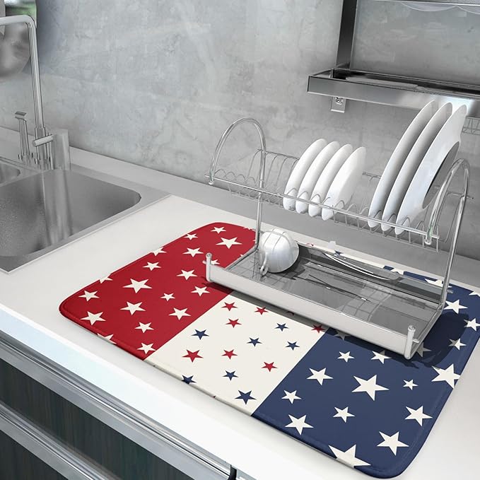 Blue Red White Star July of 4th Patriotic Dish Drying Mat for Kitchen Counter 18x24 Independence Day Absorbent Reversible Microfiber Drying Mats Kitchen Countertop Protector Dishes Drainer Rack Pad - Image 5